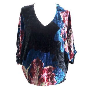 Trina Turk Burnout Velvet Floral Blouse Bell Sleeve Tunic Top V-Neck Size Large